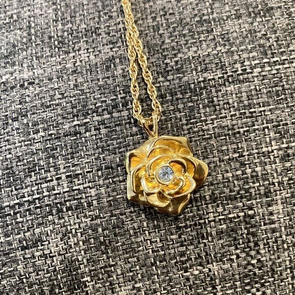Women’s Gold Tone Rose Necklace with Cubic Zirconia Center on Gold Tone chain - Picture 2 of 4